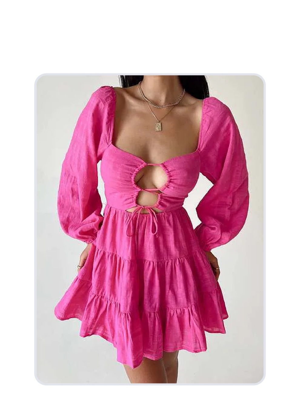 Hot Pink Cutout Tiered Mini Dress with Puff Sleeves - Campbell Dress